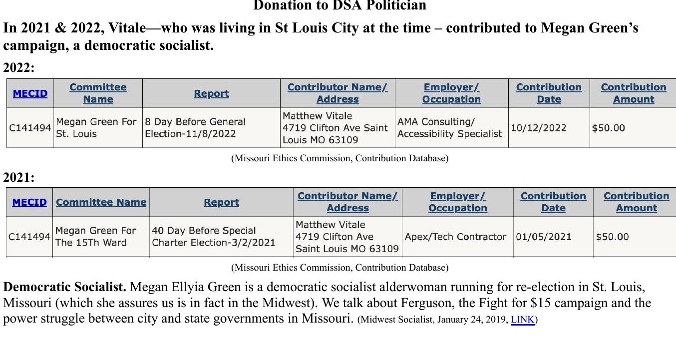 Missouri Ethics Commission contribution records showing Matthew Vitale donations to Megan Green campaign committees in 2021 and 2022